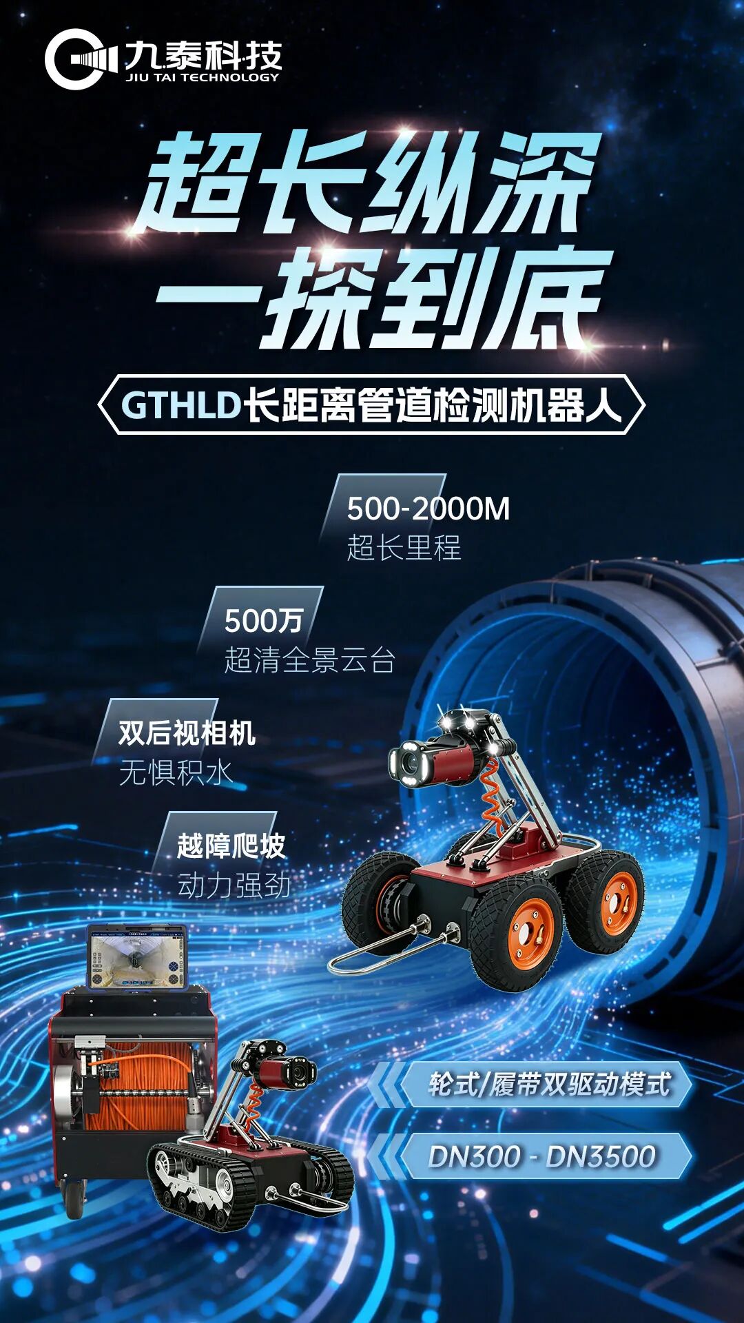 新品首发|九泰科技GTHLD长距离管道检测机器人,为复杂管网而生